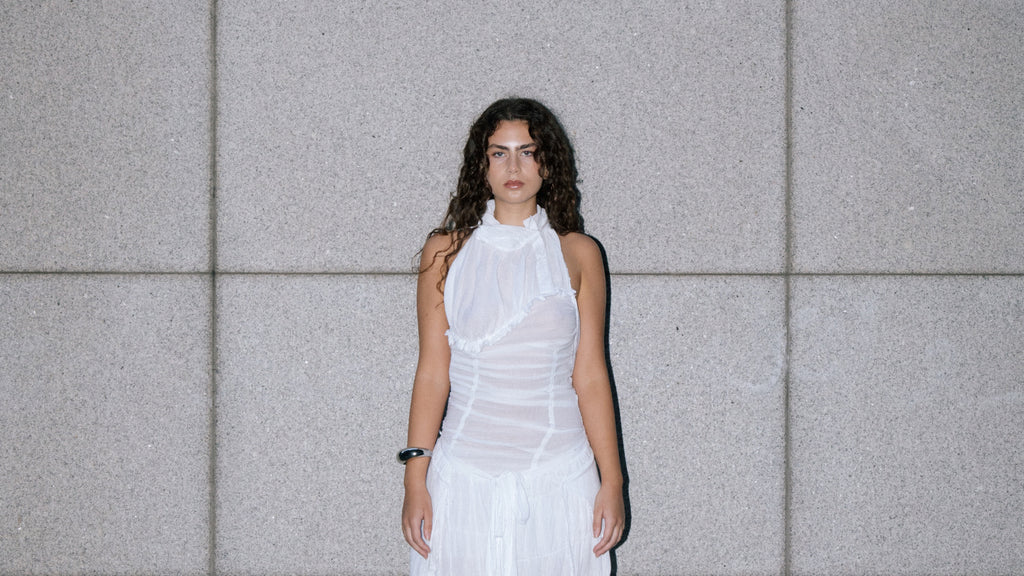 Luna Del Pinal white cotton dress city laneway melbourne designer fashion editorial shoot