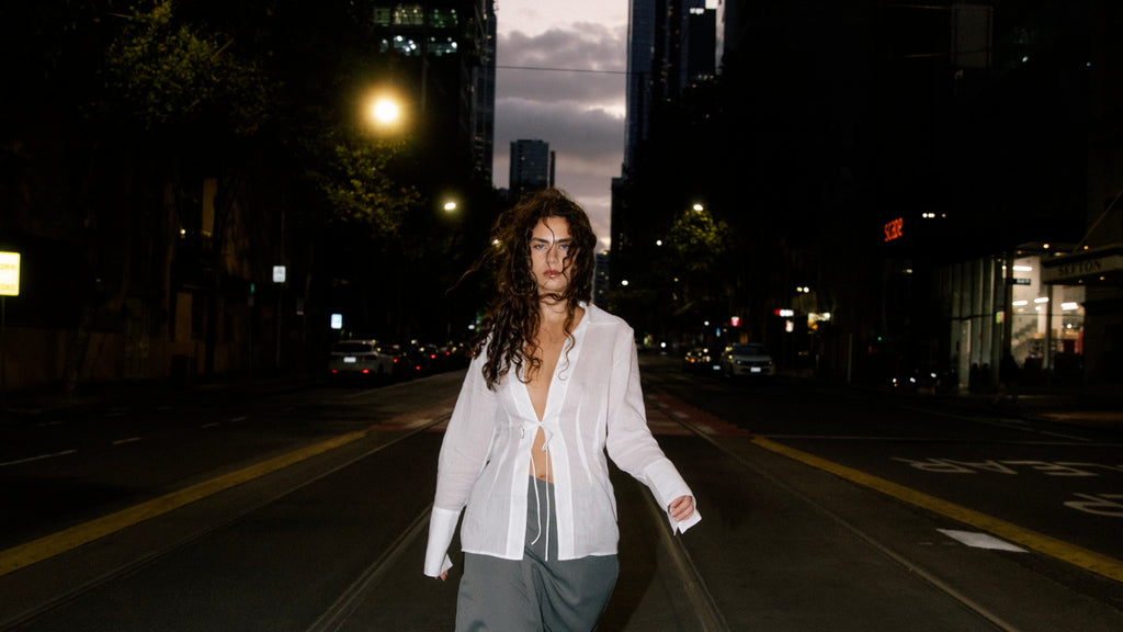 St Agni white linen shirt grey wool skirt city laneway melbourne designer fashion editorial shoot