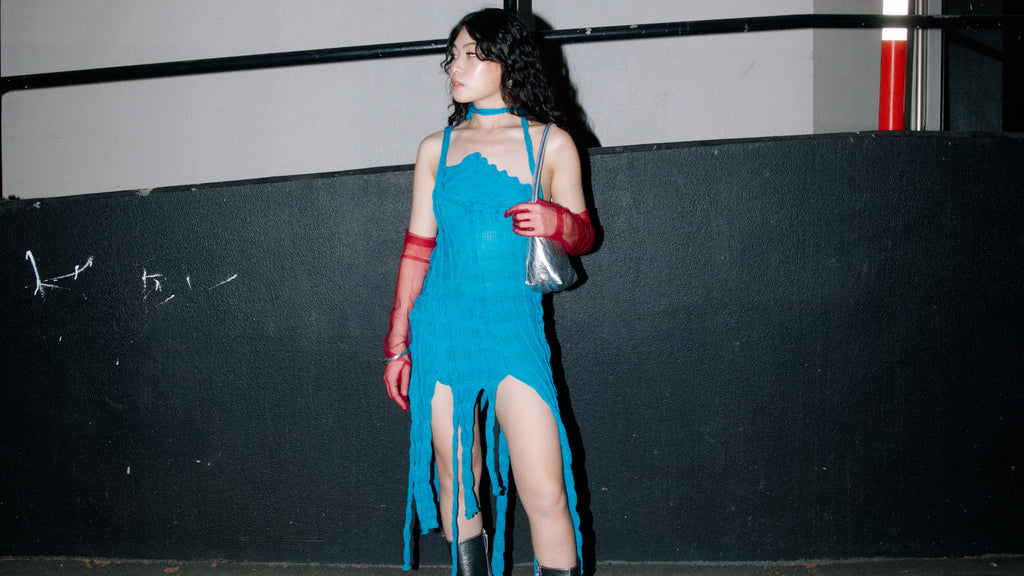 Luna Del Pinal Blue dress red gloves silver bag city laneway melbourne designer fashion editorial shoot