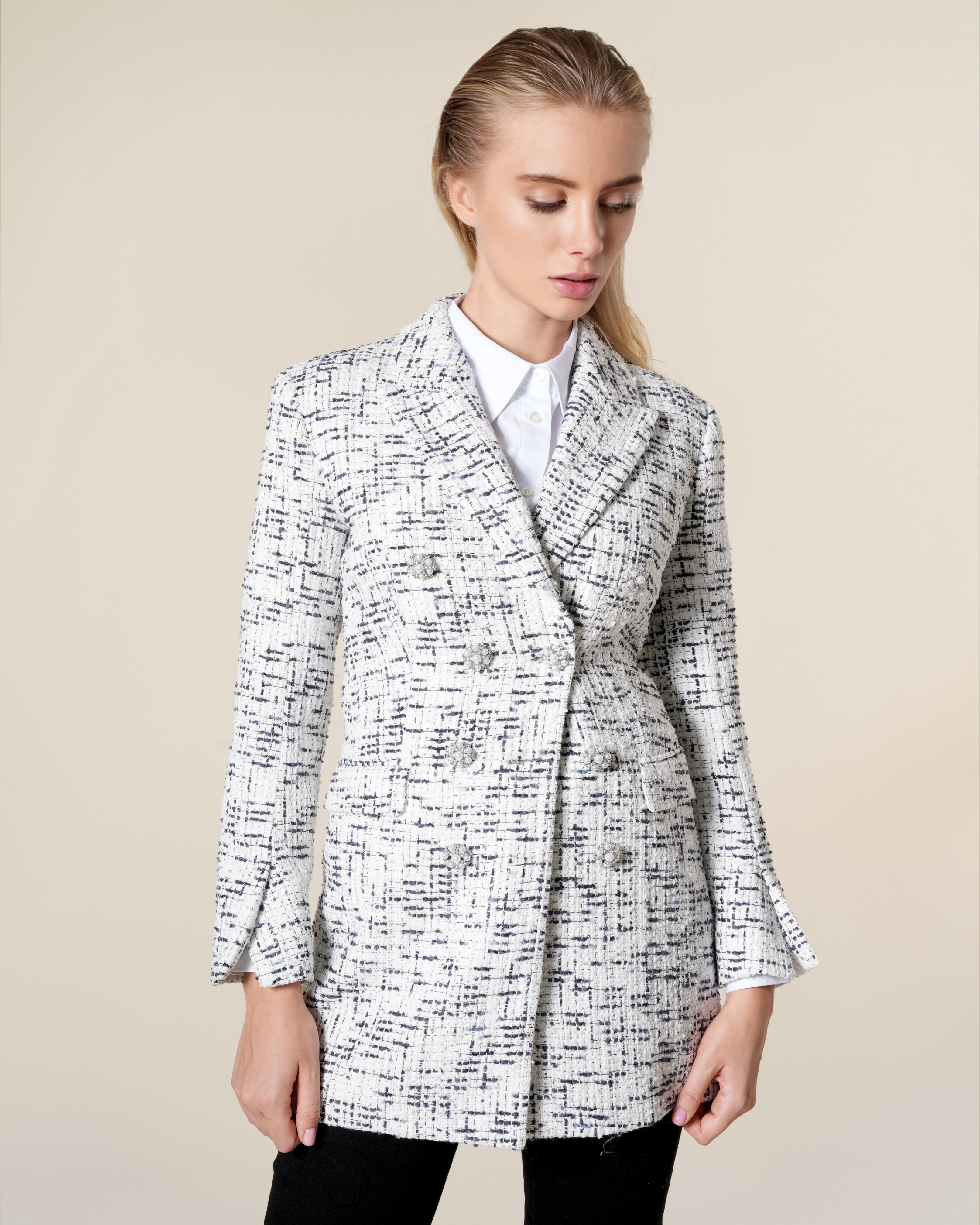 Double-breasted Button-embellished Tweed Blazer | Pierre Cardin