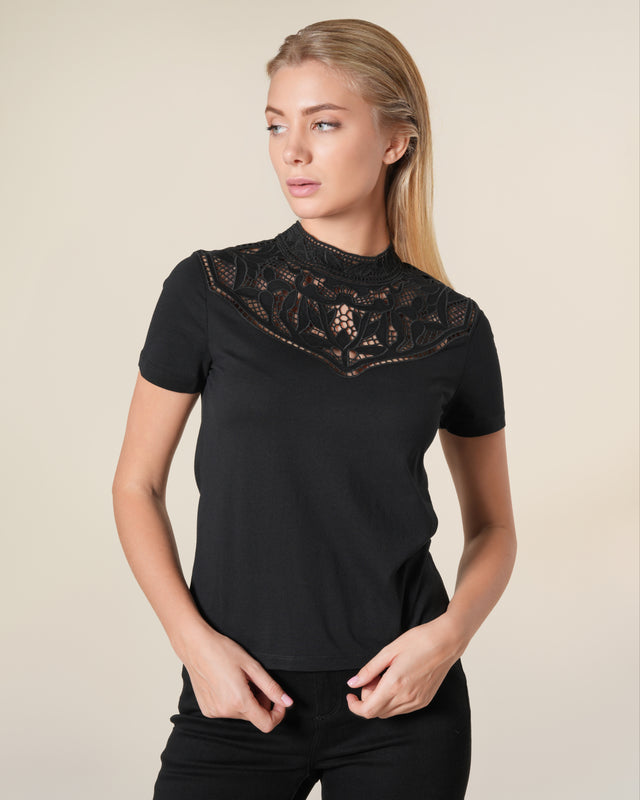 Picture of Broderie Anglaise High-Neck Cotton T-shirt