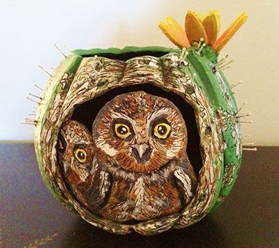 Gourd Art Entitled Elf Owls and Flowering Saguaro