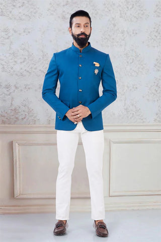 Appealing Blue Color Jodhpuri Suit With Pocket Flaps