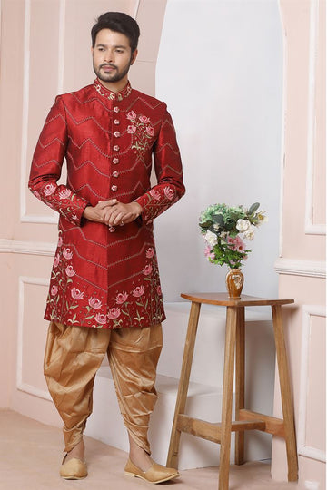 Maroon Color Banarasi Silk Fabric Wedding Wear Groom Sherwani For Men