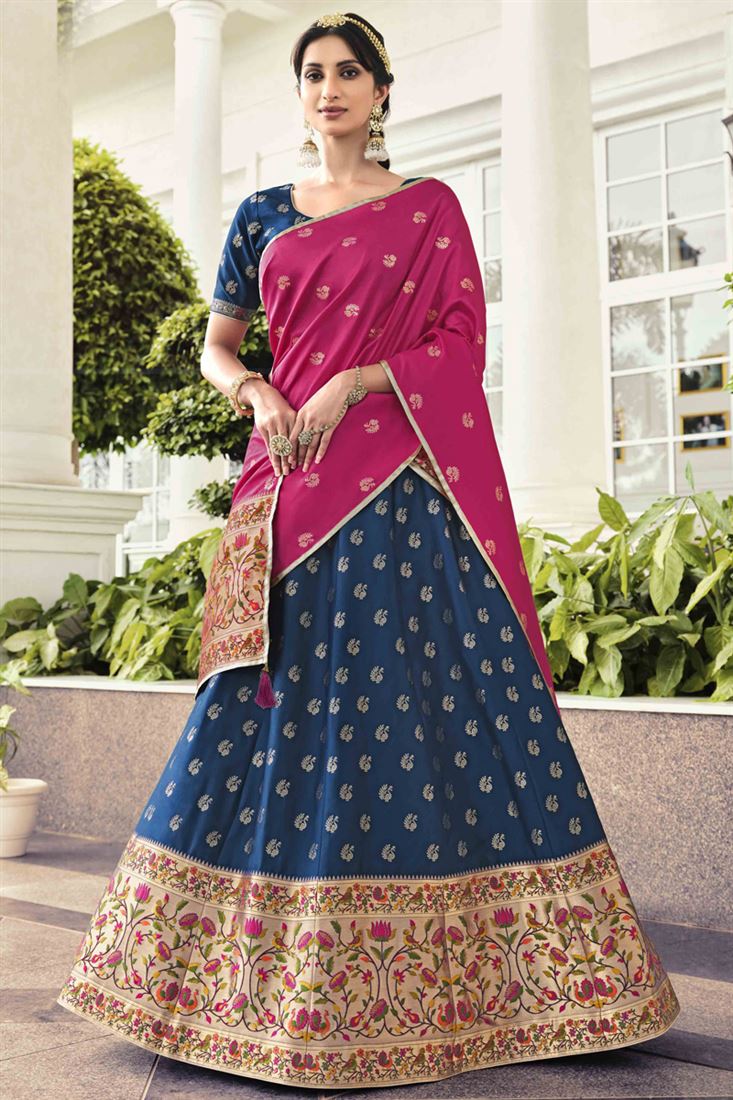 Navy-blue jacquard Silk Zari Woven Lehenga Choli with All-Over Multicolor  Floral-Peacock Motif and Red Designer Dupatta | Exotic India Art