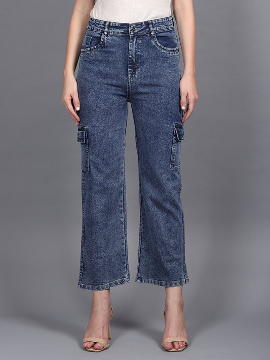 Women's High Waist Cargo Jeans Elastic Waist Straight Wide Leg