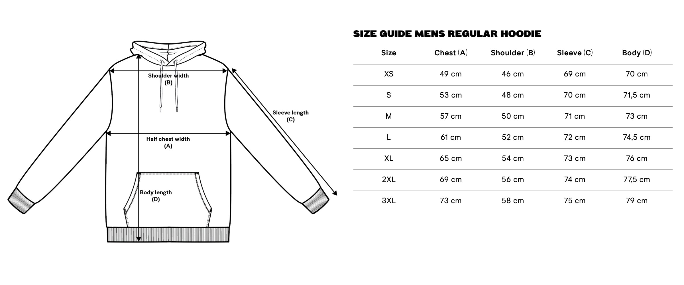 Size guide mens regular hoodie