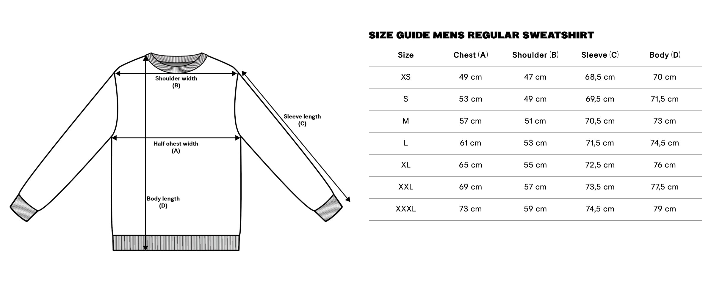 Size guide mens regular sweatshirt