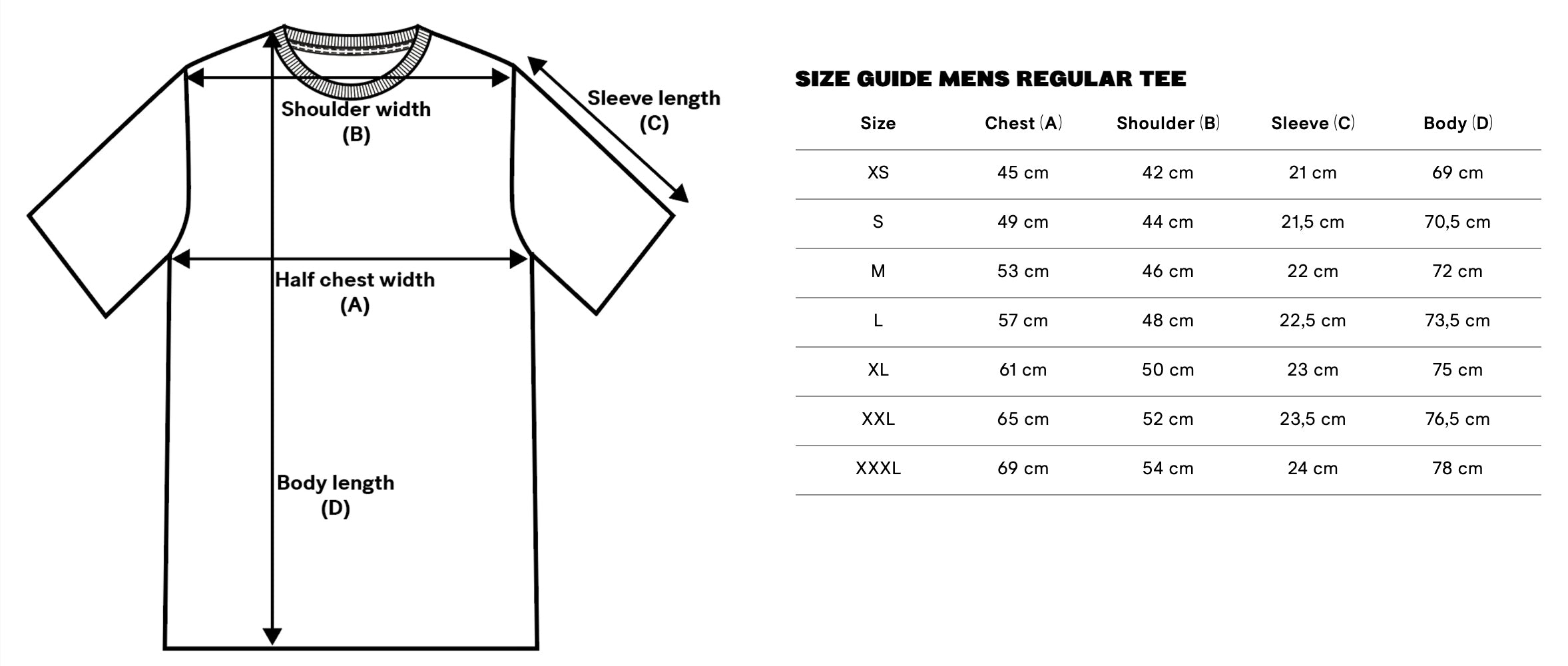Size guide mens regular tee