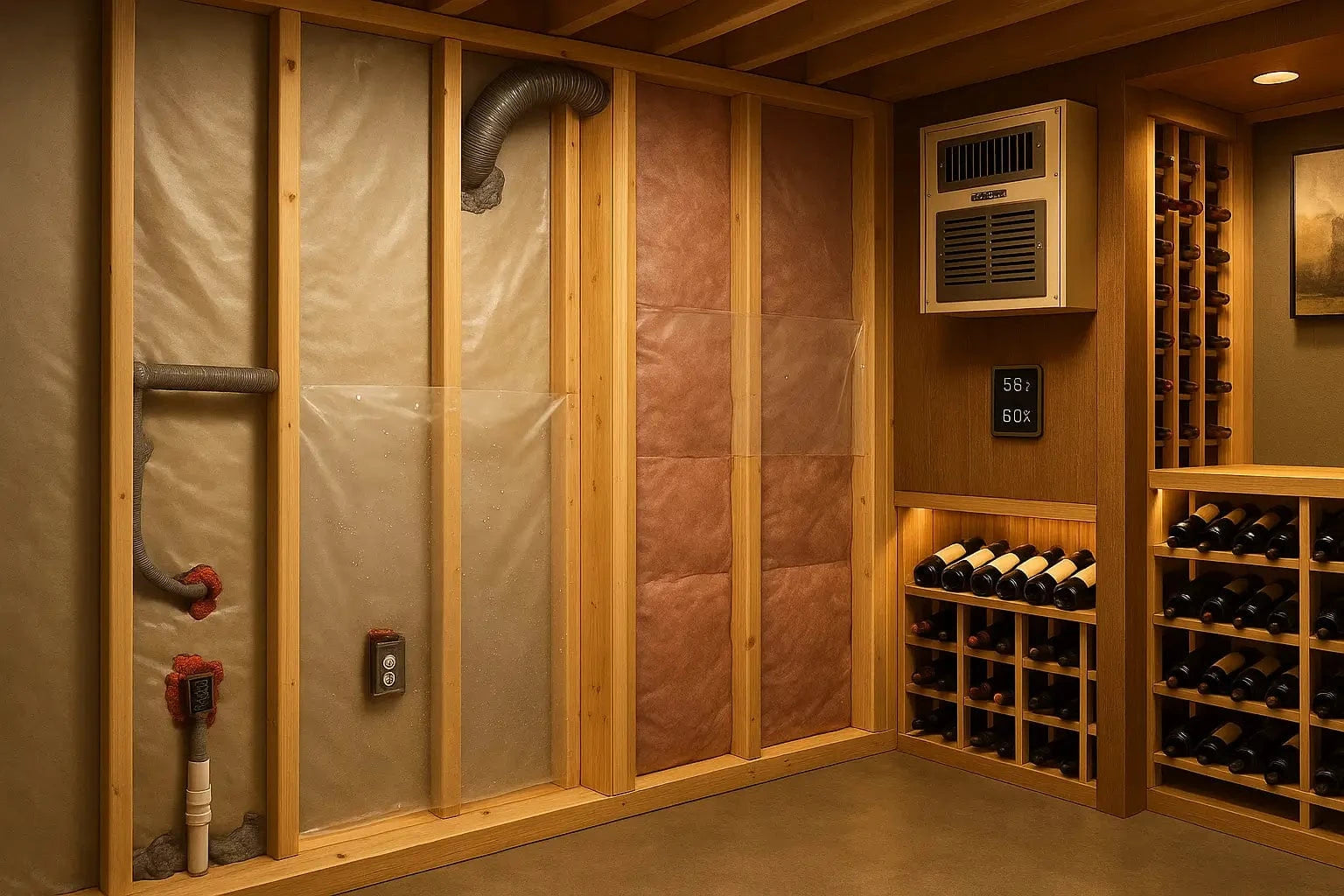 Wine cellar under construction showing proper insulation and vapor barrier installation with foam panels, sealed joints, and adjacent finished wall with wooden wine racks under warm lighting.