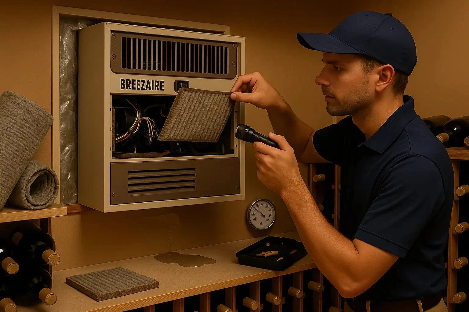 Technician inspecting a Breezaire through-the-wall wine cooling unit in a cellar, checking airflow, filters, drainage, and electrical issues for troubleshooting.