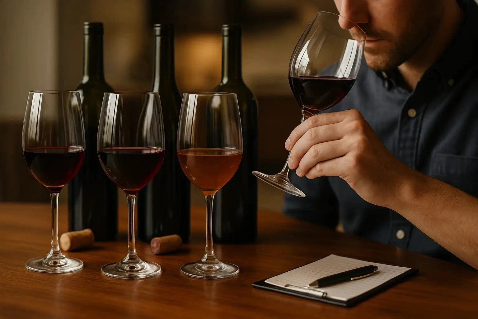 Three glasses of red wine showing different freshness stages — vibrant, faded, and brownish — with matching bottles behind them and a person sniffing a glass to check for spoilage aromas on a wooden table.