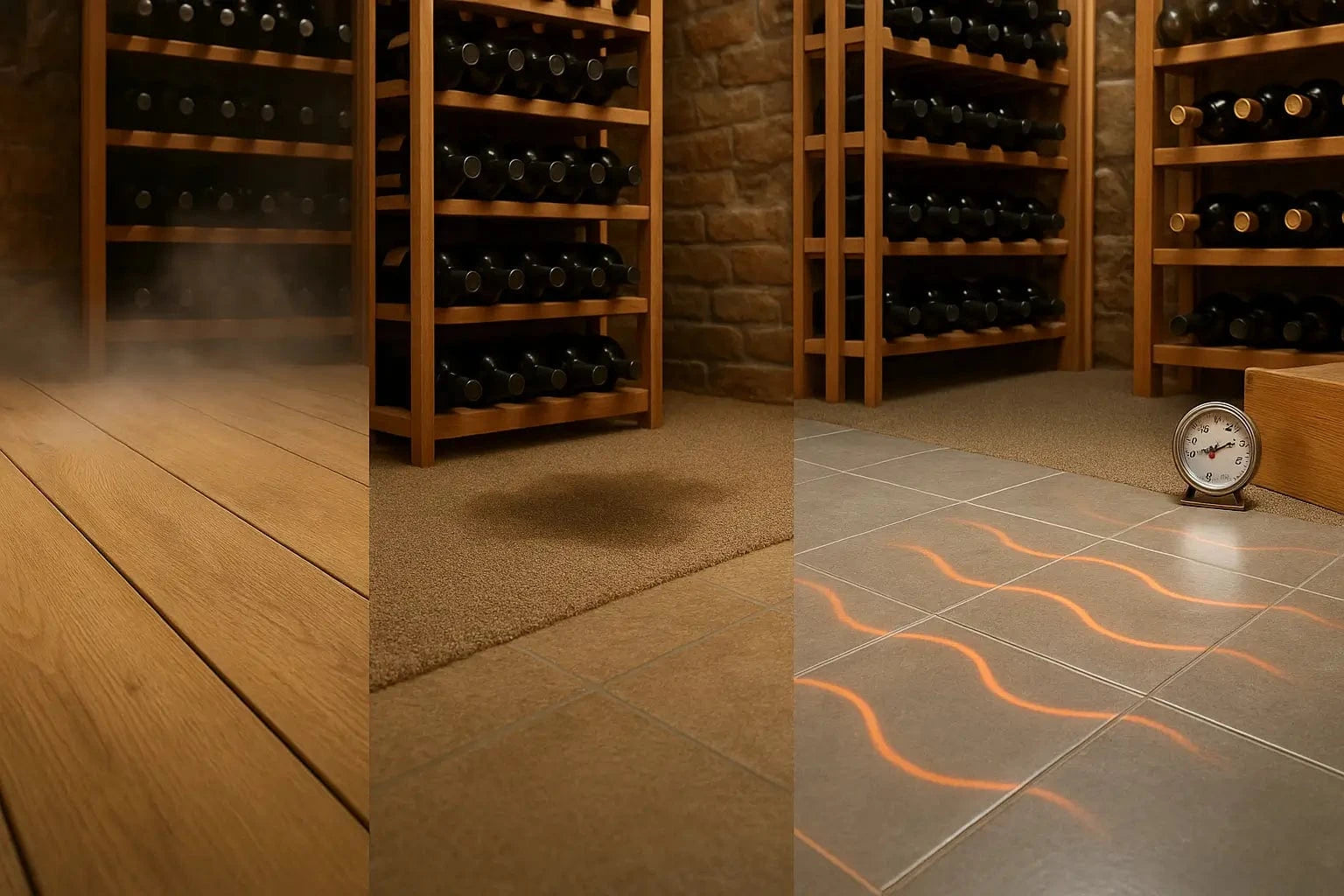 Educational image showing materials to avoid in wine cellars: warped pine flooring releasing aroma, damp carpet with mold, and overheated radiant tile floors disrupting wine storage temperature.