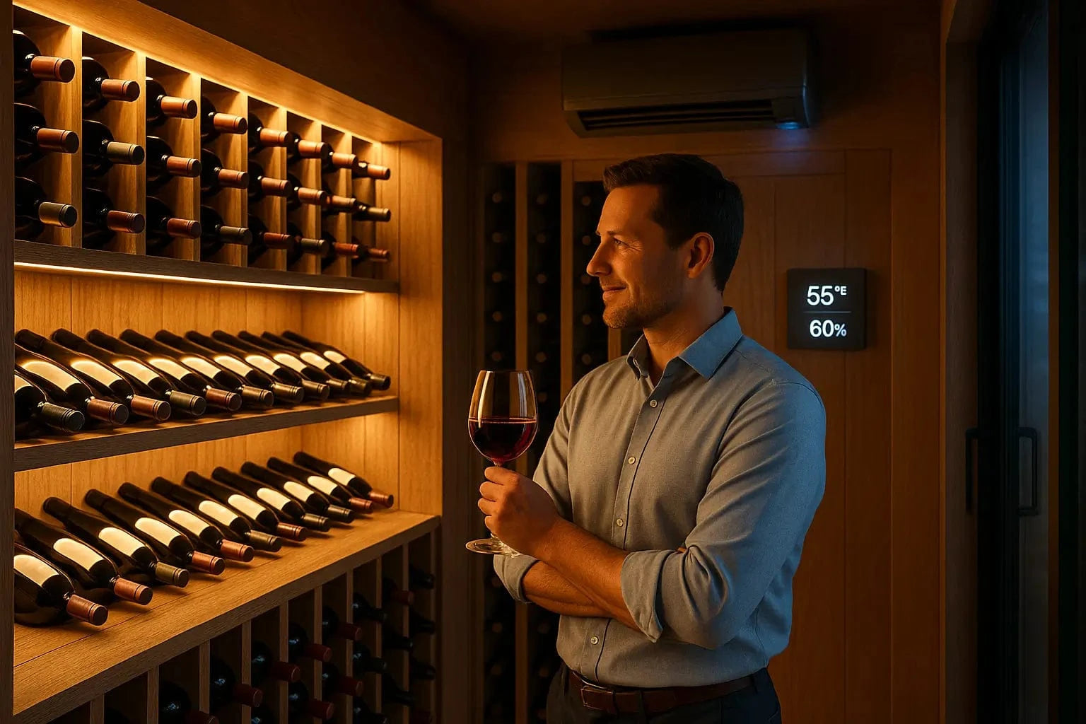 Wine cellar owner enjoying a glass of red wine in a modern cellar with smart cooling system, thermostat at 55°F and 60% humidity, and warm balanced LED lighting.