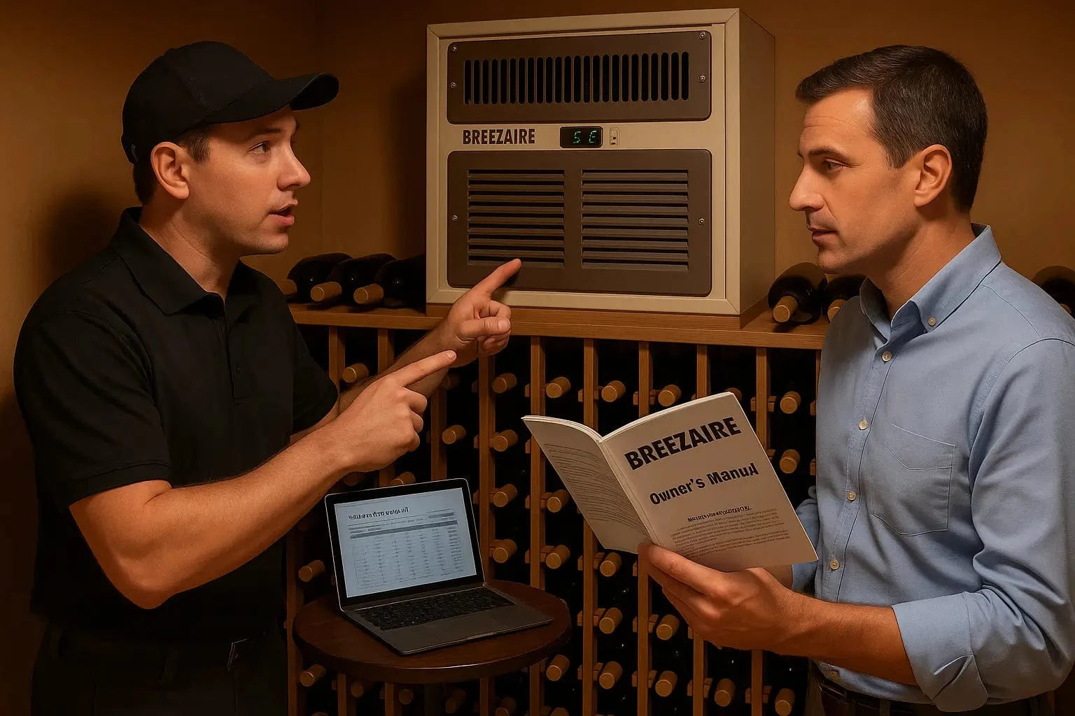 Homeowner and technician reviewing Breezaire wine cooling unit and manual before deciding on replacement, showing troubleshooting and professional consultation.