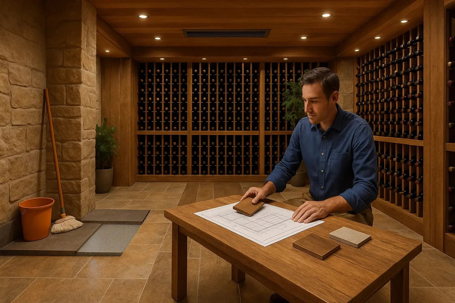 Man reviewing flooring samples and blueprints in a modern wine cellar with sealed tile floors, stone walls, and wooden racks, illustrating key factors like insulation, moisture resistance, and aesthetic design.