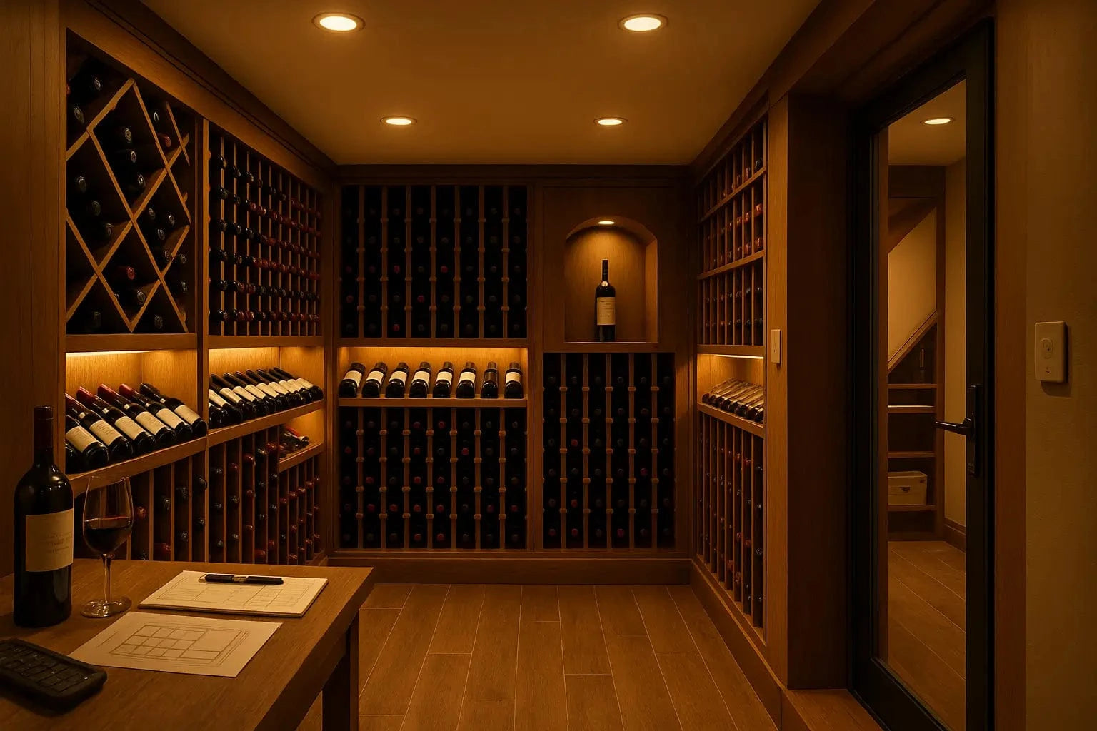 Luxury wine cellar with LED lighting, dimmers, under-shelf accents, and angled fixtures for label reading while avoiding direct light on bottles.
