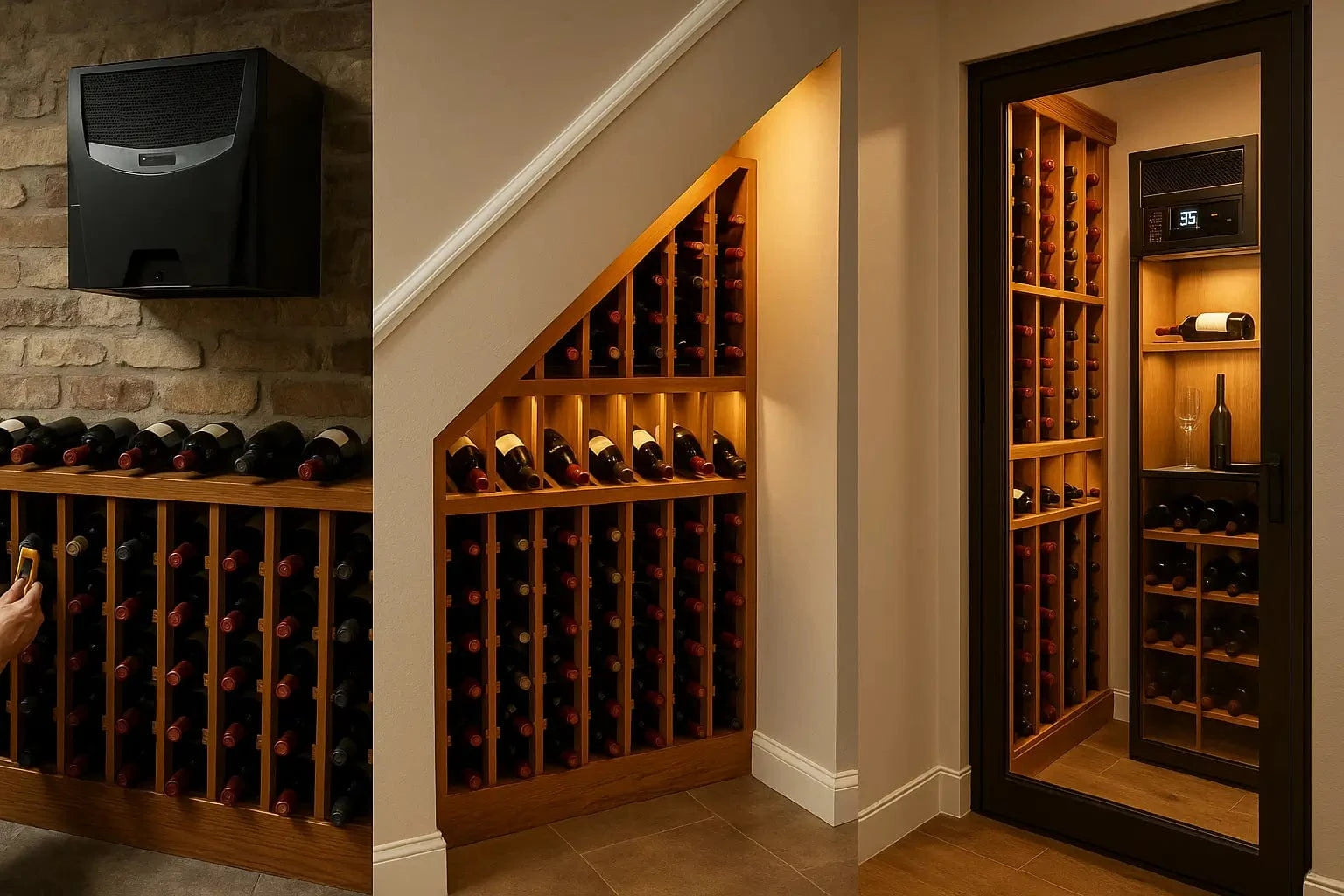 Side-by-side panels showing wine cellar location options: basement with stone wall, under-stair conversion, and spare room with racks and cooling unit.