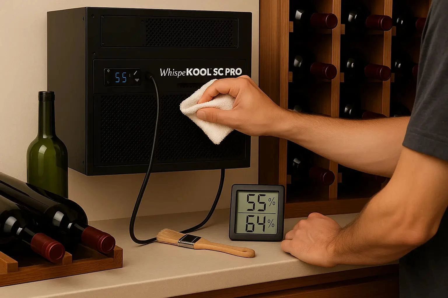 Technician cleaning WhisperKOOL SC PRO wine cooling unit with bottle probe connected, beside thermometer reading 55°F and 64% humidity