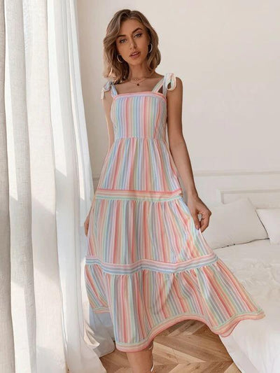Women Striped Knotted Shoulder Cami Dress