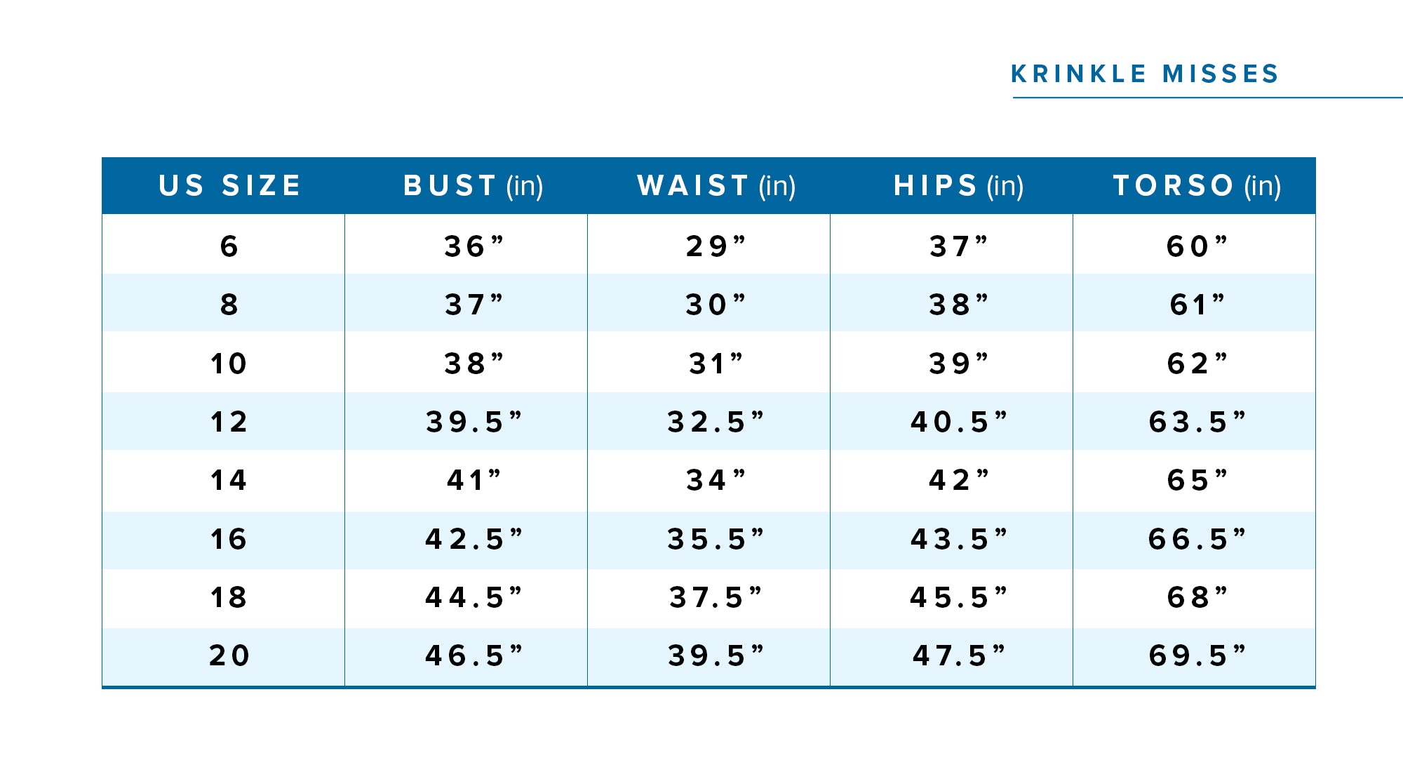 Krinkle Swimwear Missy Size Chart