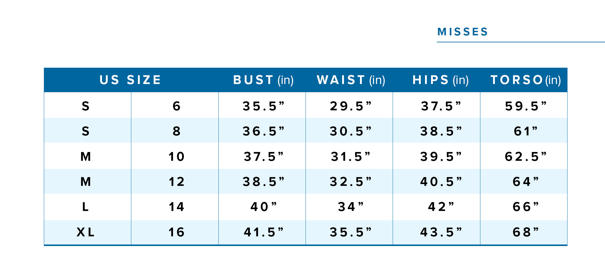 Misses Size Chart