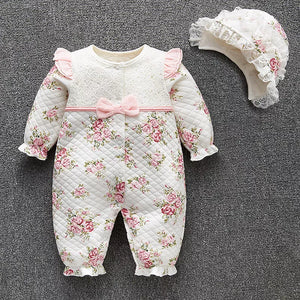 Winter Newborn Baby Girl Clothes Thicken Floral Princess Jumpsuit Sets Boys Bodysuit+ Hats - LilieBoutique