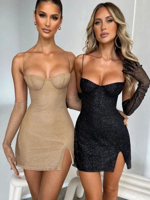 Elegant Glitter Sexy Off-shoulder Backless Bodycon Mini Dress - LilieBoutique