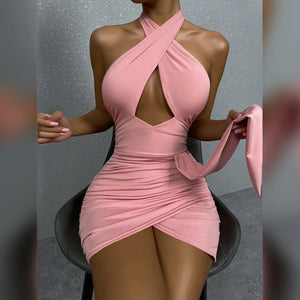 Summer Sexy Halter Cross Night Club Dress for Women Backless Cut-out Pleated Mini Party Dress Sleeveless Buttocks Bodycon Dress - LilieBoutique