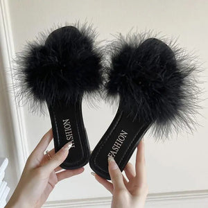 Summer Sandals for Women Fashion Square Toe Furry Flat Slides - LilieBoutique