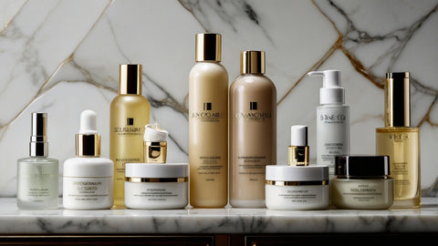Luxurious skin care products elegantly displayed on a marble countertop, embodying a sophisticated skin care routine