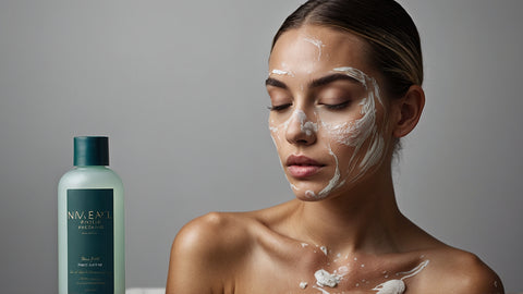 A serene beauty ritual captured, with a woman applying a creamy facial mask, essential to her skin care routine