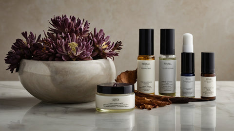 Artistic arrangement of botanical skin care products, highlighting an organic and natural approach to skin care routine