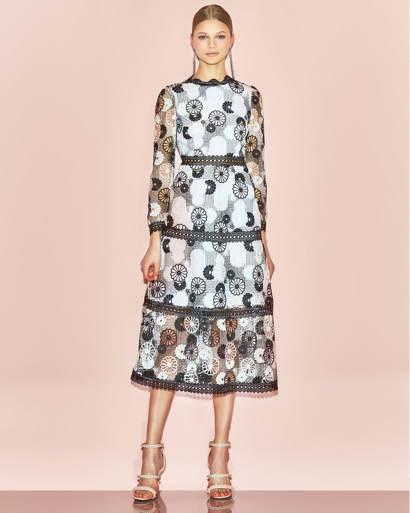 Constance Monochrome Floral Lace Midi Dress | Ukulele Fashion