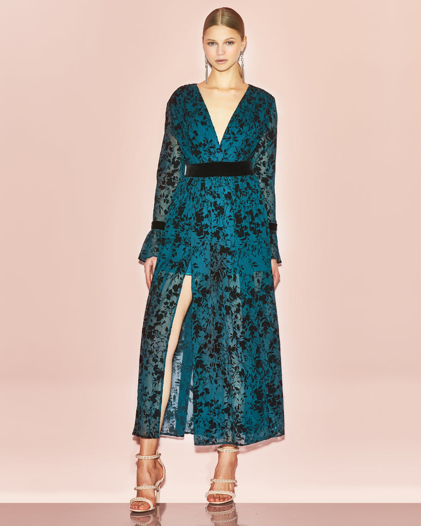 Lena Bottle Green Floral Devoré Slit Maxi Dress | Ukulele Fashion