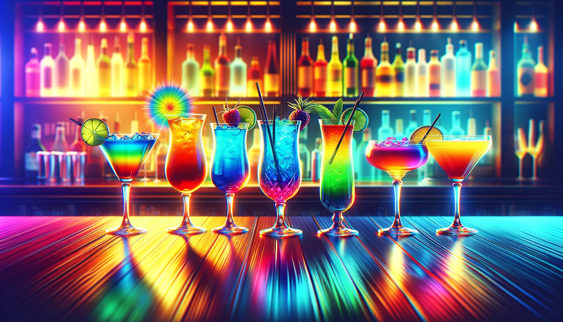 différents cocktails bien colorés sur un bar