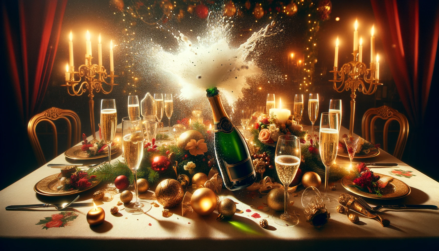 une bouteille de champagne qui explose sur une table festive entouré de verre