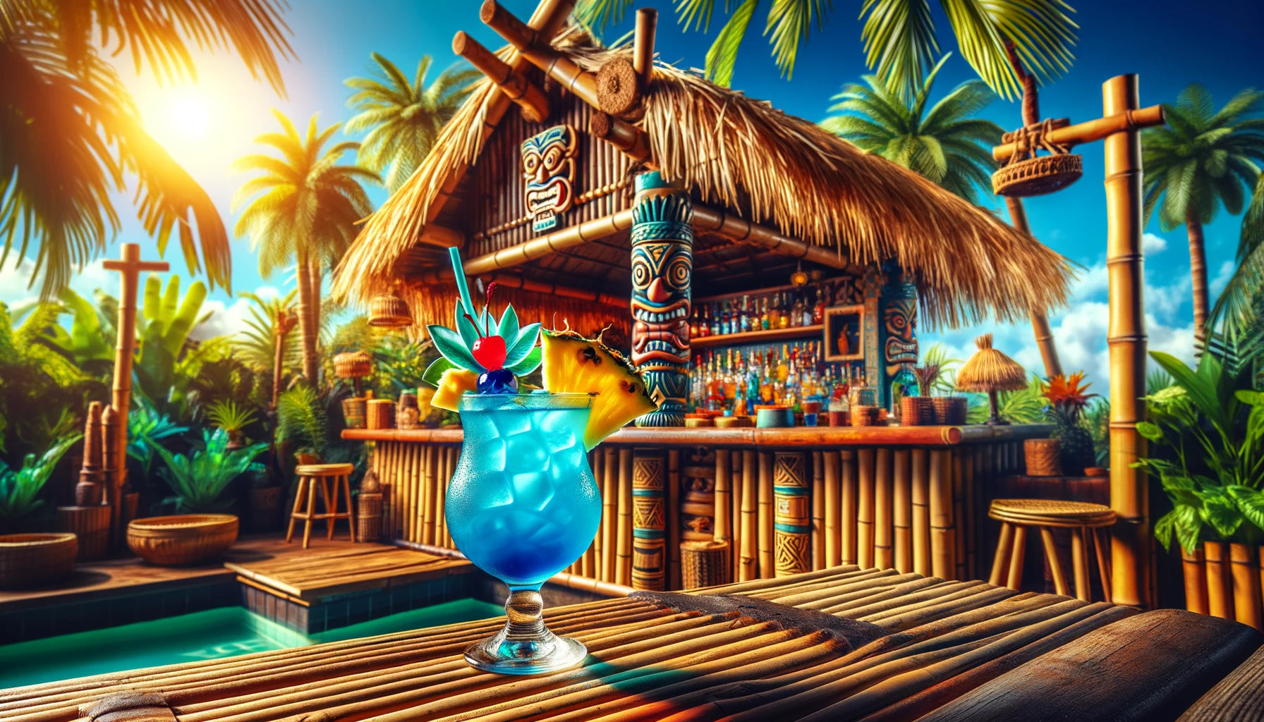 bar tiki extérieur avec un cocktail blue hawaiian sur le comptoir