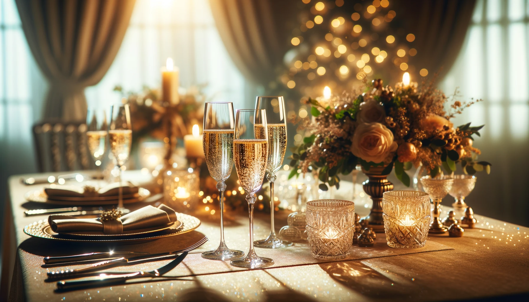 des verres a champagne sur une table dressé pour des festivité