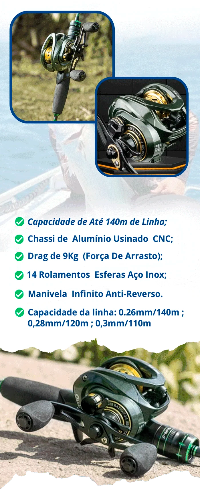 Carretilha de Pesca Profissional 9K de Drag 14 Rolamentos Titan Pro