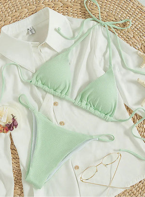 High Waisted Lace Up Simple Solid Halter Bikini - xinnzy