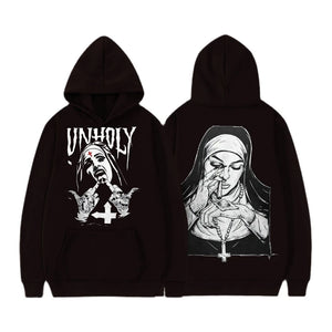 Men Nun Print Fleece Hoodie Harajuku Streetwear - xinnzy