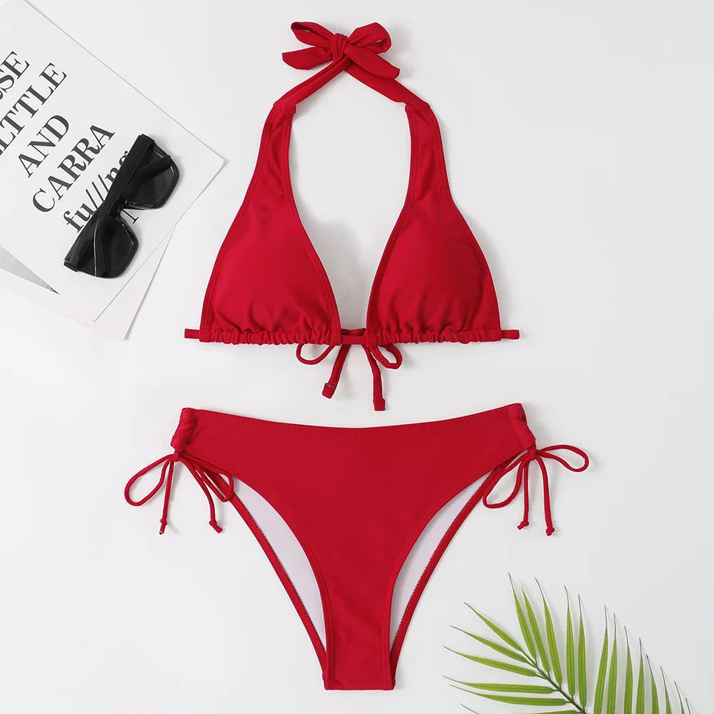 2024 Halter Bikini Low Waisted Bandage Swimwear Two-Piece