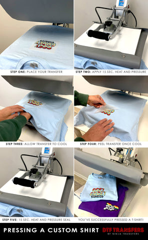 step by step instructions on how to press a custom shirt using dtf transfers and a heat press