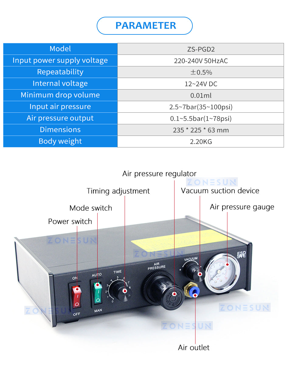 Zonesun ZS-PGD2 Pneumatic Glue Dispenser Parameter