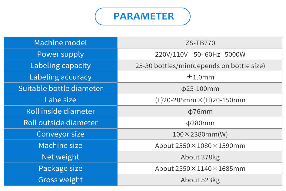 Zonesun ZS-TB770 Automatic Dual Station Labeler Parameters