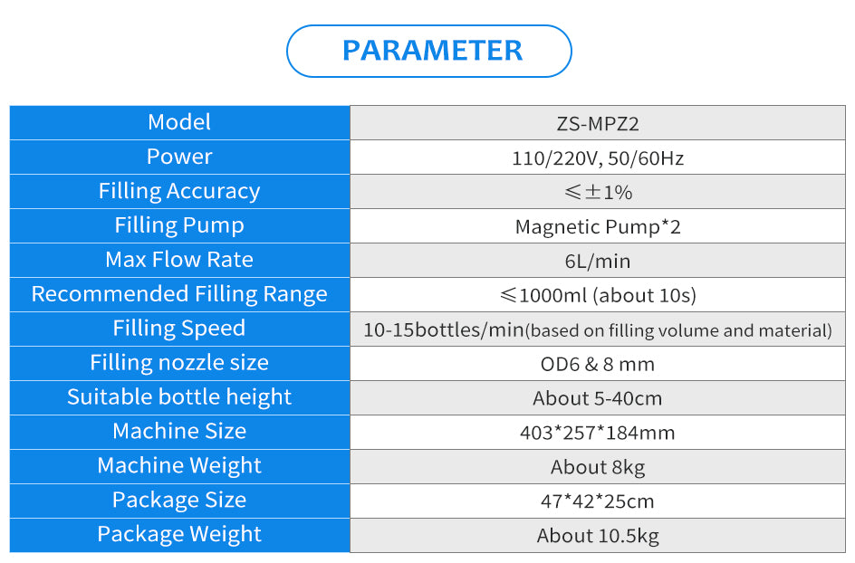 Zonesun ZS-MPZ2 Magnetic Pump Liquid Filler Parameter