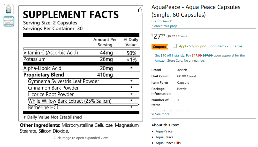 AquaPeace Amazon Ingredients label