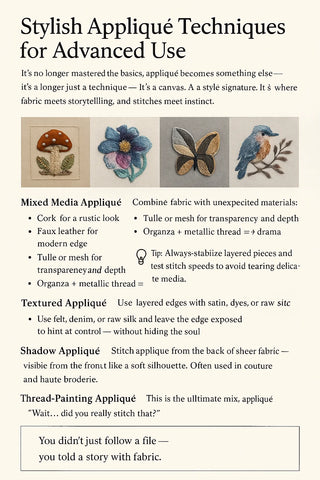 Stylish appliqué techniques visual guide showing mixed media, thread painting, shadow and layered techniques on textured fabrics