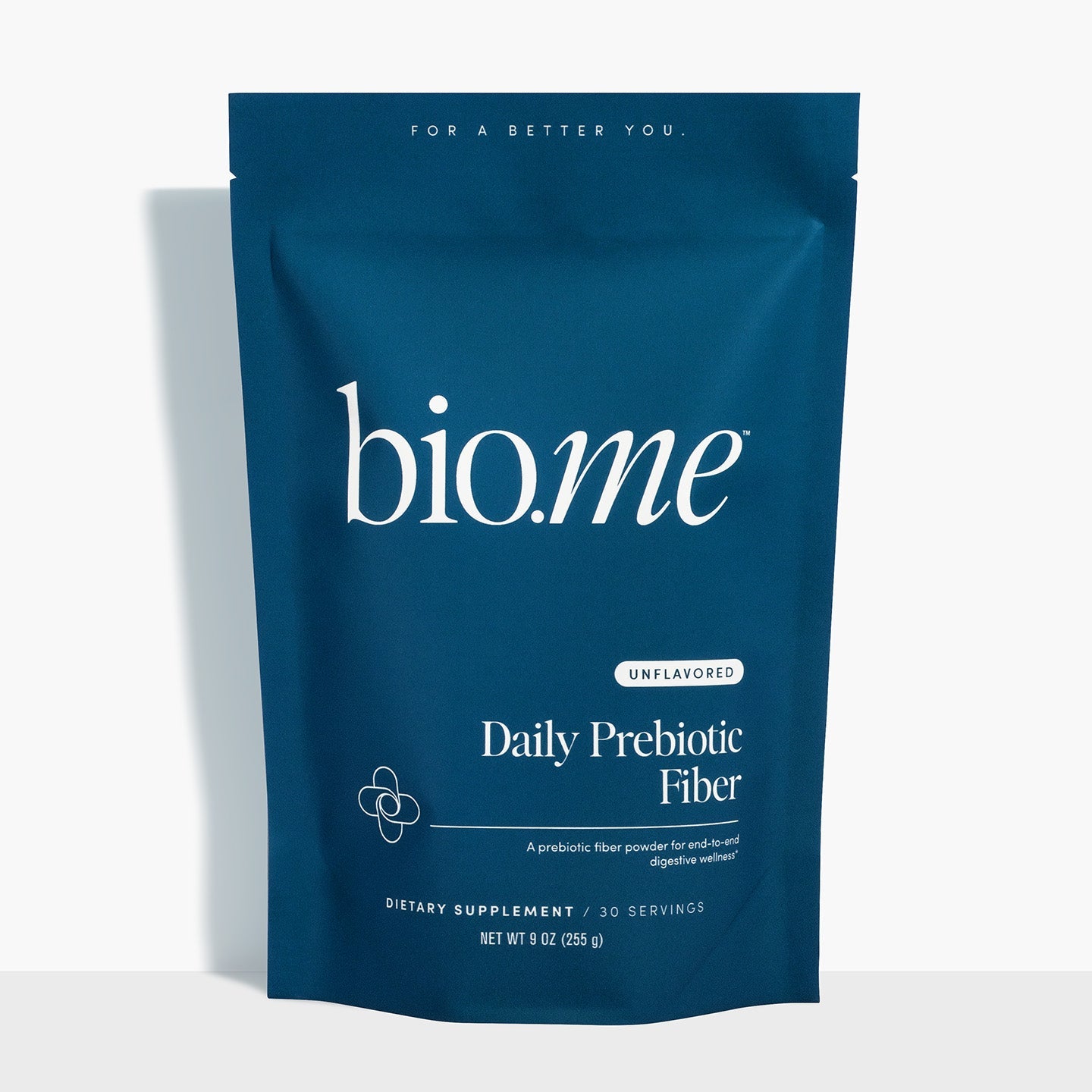 Blue packaging of biome unflavored daily prebiotic fiber supplement.
